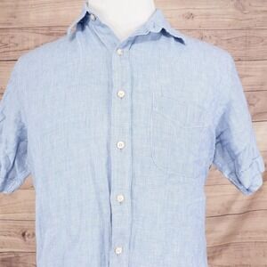 Tasso Elba Shirt Mens Medium Light Blue Linen Cotton Short Sleeve Casual